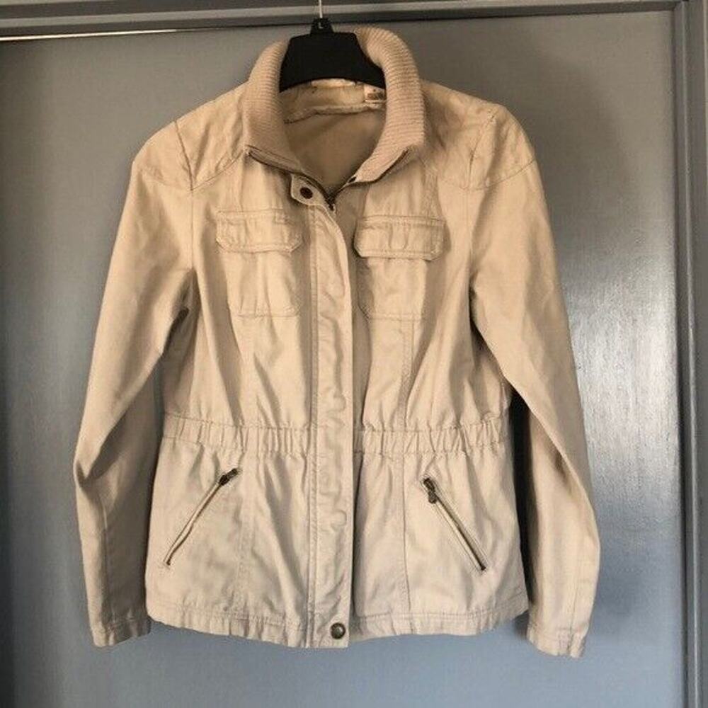 DKNY Jeans Petites Size Medium Khaki Jacket Ribbed Collar Zip Snap Close Womens
